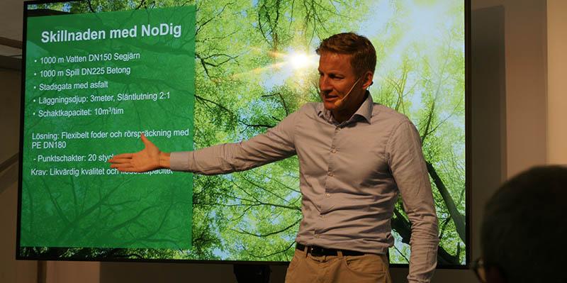 Simon Åkerlund kunde via klimatkalkylatorn visa siffror på de besparingar som görs med schaktfria tekniker.