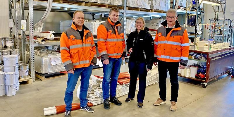 F.v. Svein Rune Myhre (salgssjef Offentlig/industri), Frode Berntzen (salgssjef Bygg/prosjekt), Marianne Formoe (salgssjef Privat/service) og Peer-Christian Nordby (markedssjef). inviterer til åpen dag hos Olimb Rørfornying i Råde på fredag.