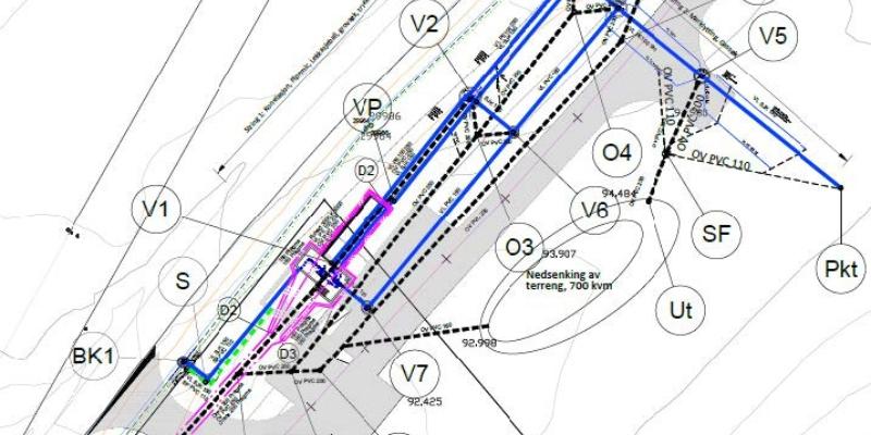 Utsnitt av tegningen over ledningsnettet på Vannsenteret på Ås.