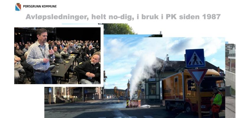 Over: Collage med bilde av Jan Tore Andersen da han tok ordet under Hallingtreff, i kombinasjon med en fil fra en presentasjon han har gitt om bruk av NoDig og samarbeidsprosjekt i Porsgrunn kommune.