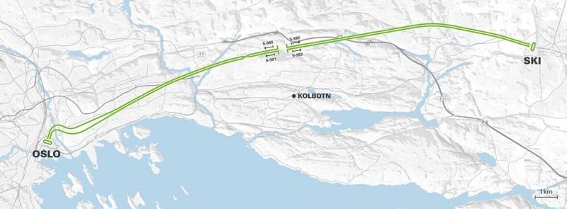 Strekningen fra Oslo til Ski med 20 km dobbelt jernbanespor.