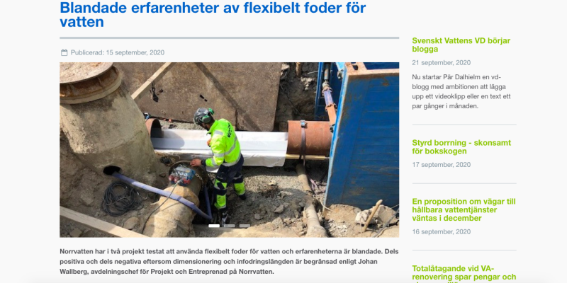 Artikeln från 15 september om Norrvattens erfarenheter av flexibelt foder för vattenledningar.
