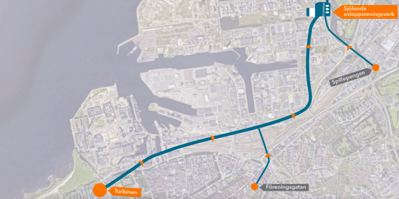 Karta över sträckningen för Malmö avloppstunnel.