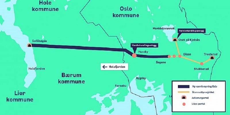 De gule strekene på kartet viser neste steg i byplanen for vannforsyningen i Oslo kommune. Illustrasjon: Oslo kommune