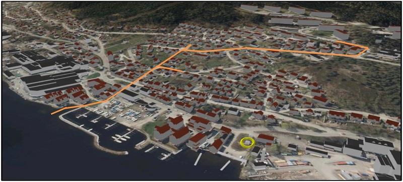 Hovedledningstraseer for prosjektet på Tangen-området er her markert med oransje linjer.  Skomakergata pumpestasjon er markert med gul sirkel. Illustrasjon: Asplan Viak AS.