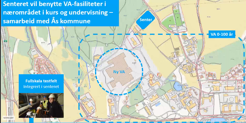 Enkelt kart over området for Campus Ås med NMBU og det planlagte vannsenteret øverst til høyre